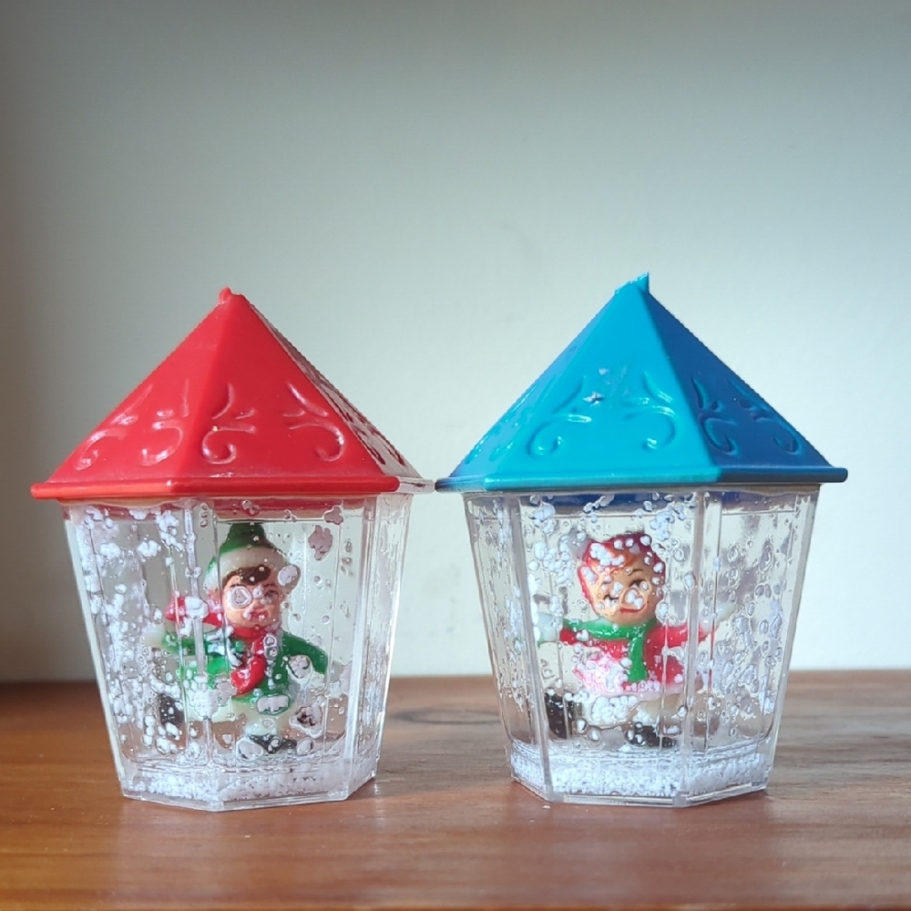 Pair Of Vintage Ornaments Hexagon Snow globes Red And Blue Ice Skaters